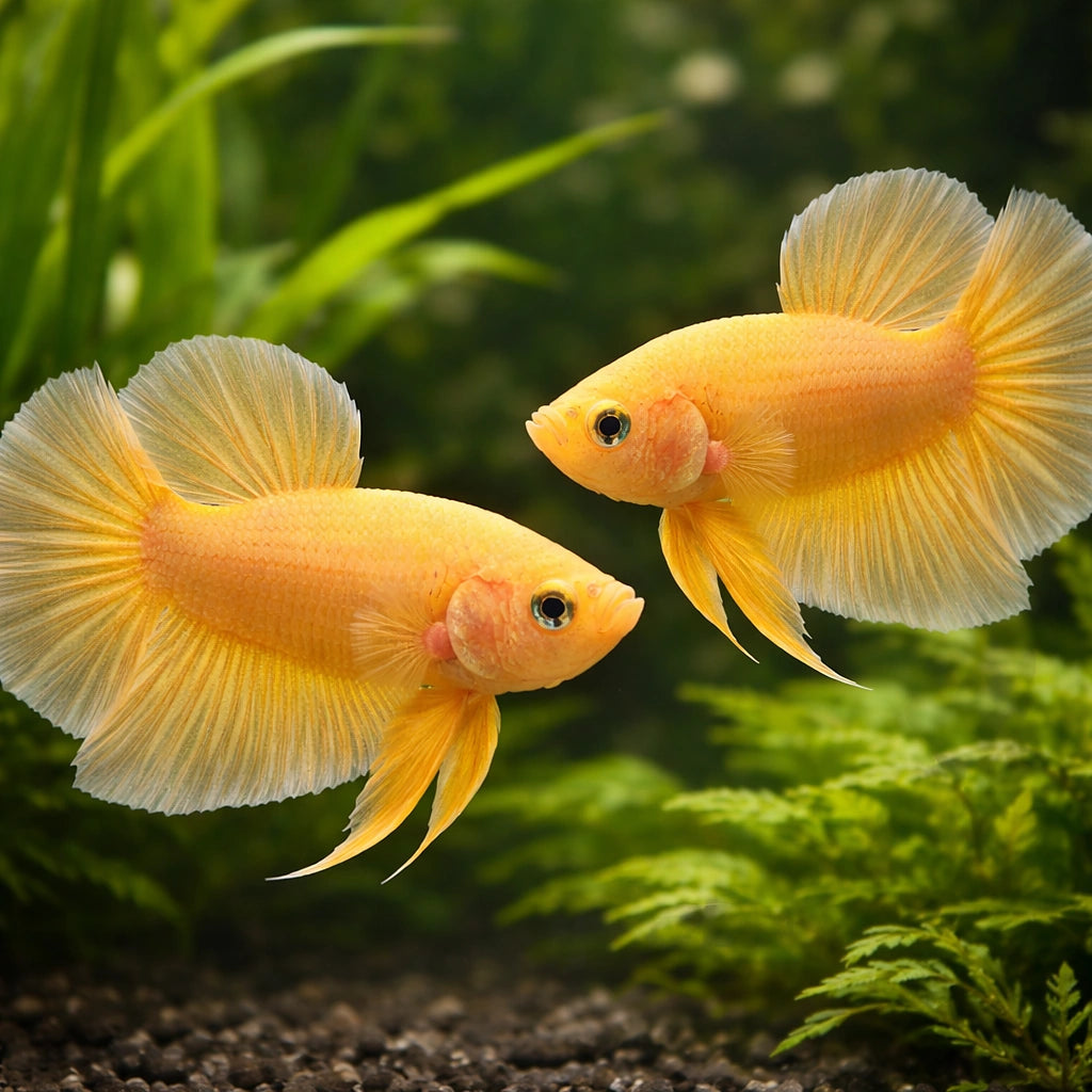 Betta spl. male plakat halfmoon yellow L — tropical fish for sale UK — AI pair planted view
