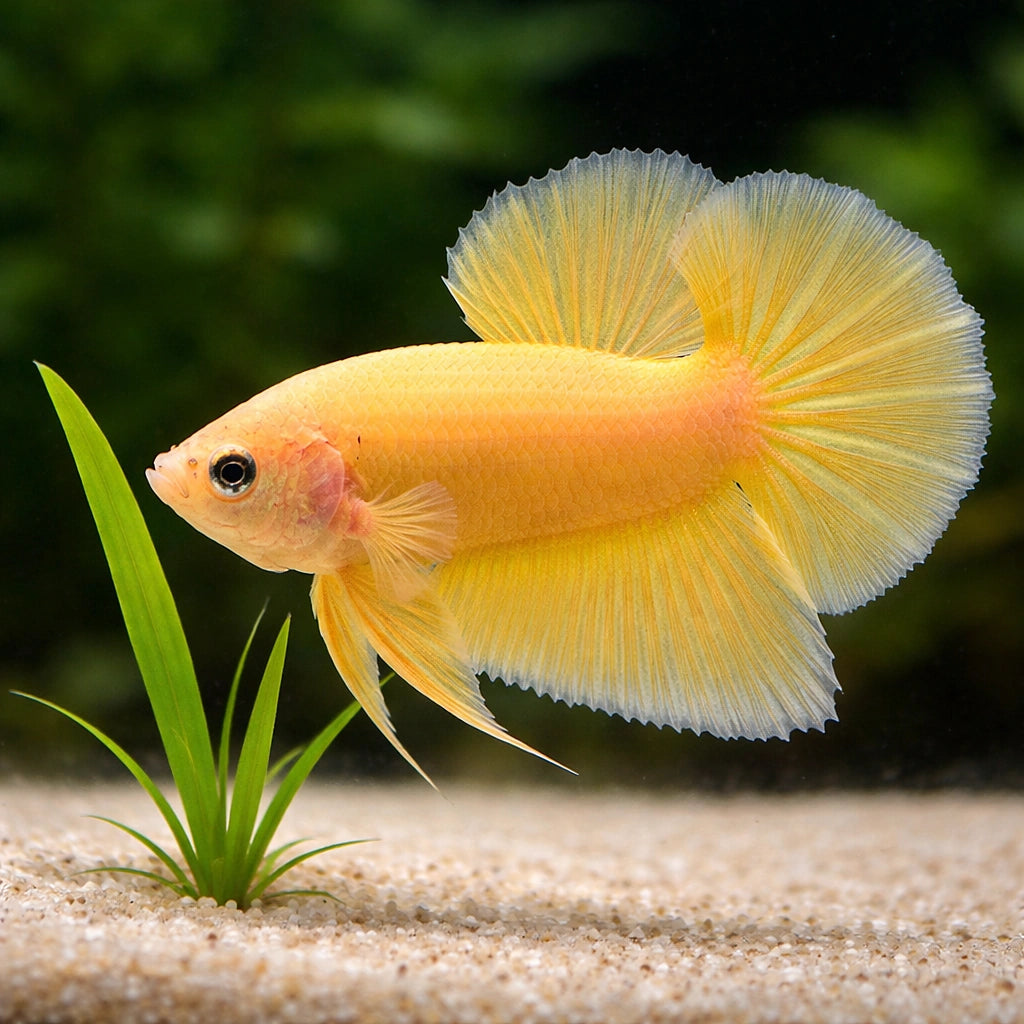Betta spl. male plakat halfmoon yellow L — tropical fish for sale UK — AI scale plant view
