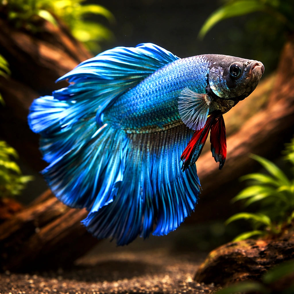 Betta spl. male rose blue XL — tropical fish for sale UK — AI hero driftwood view