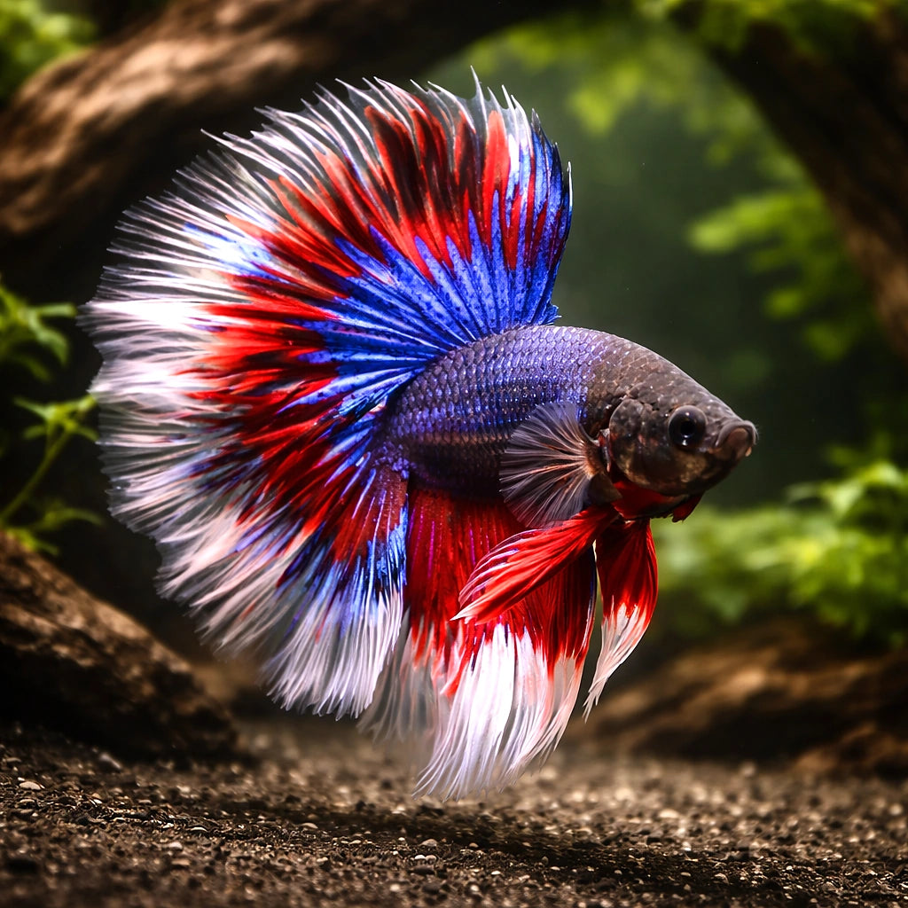Betta spl. male rose tricolor XL — tropical fish for sale UK — AI hero driftwood view