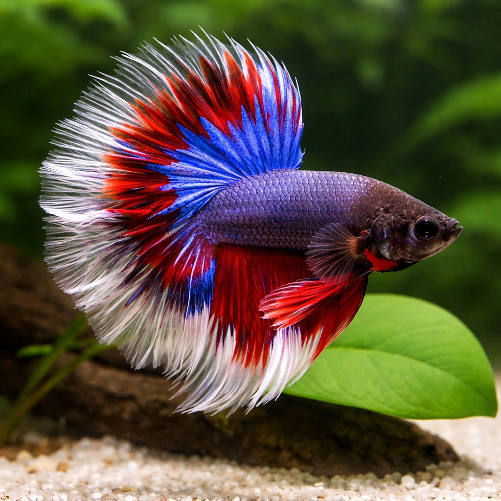 Betta spl. male rose tricolor XL — tropical fish for sale UK — AI scale plant view