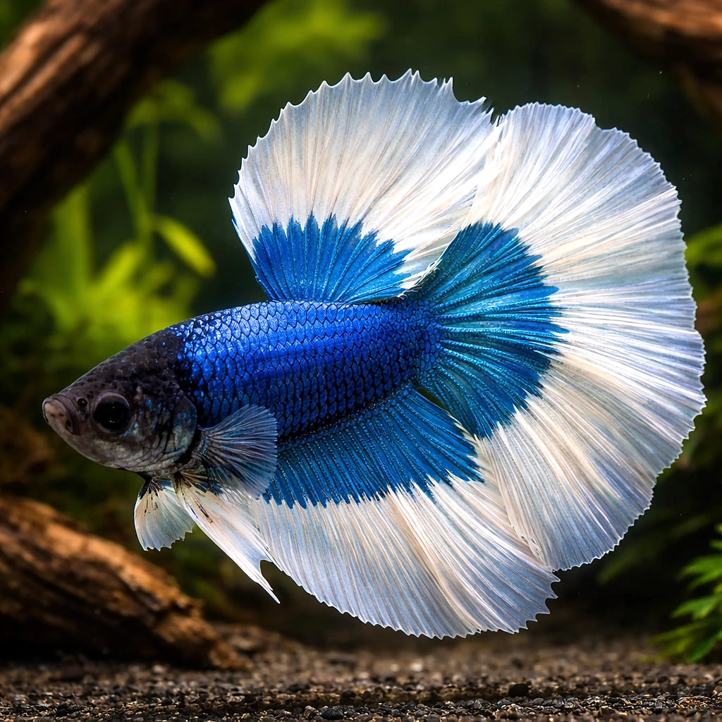 Betta spl. male SuperDelta Butterfly XL — tropical fish for sale UK — AI hero driftwood view