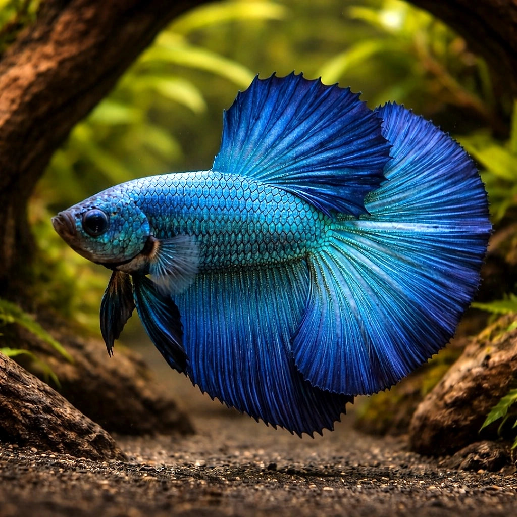 Betta spl. male SuperDelta green XL — tropical fish for sale UK — AI hero driftwood view
