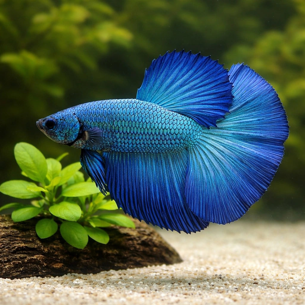 Betta spl. male SuperDelta green XL — tropical fish for sale UK — AI scale plant view