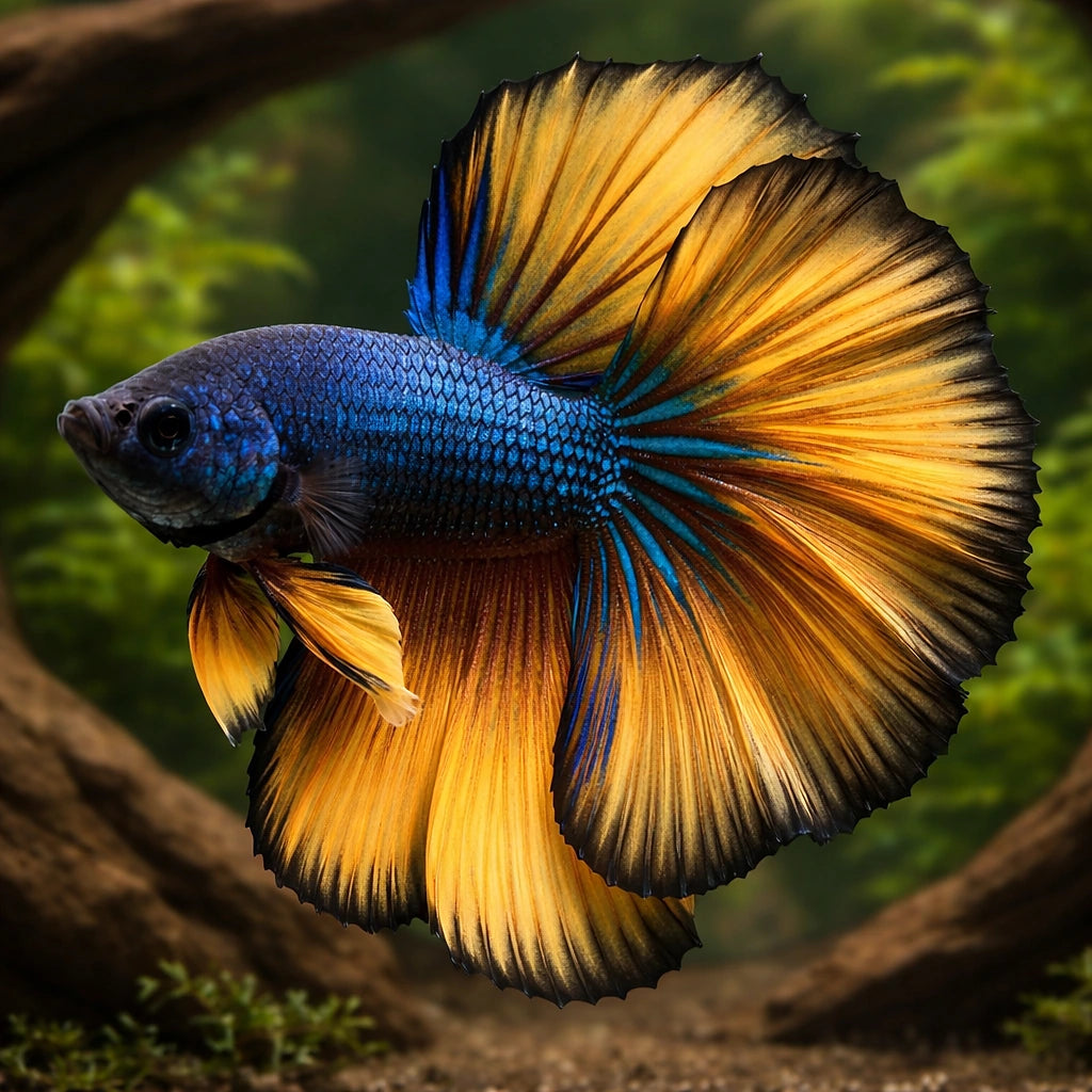 Betta spl. male SuperDelta mustard XL — tropical fish for sale UK — AI hero driftwood view