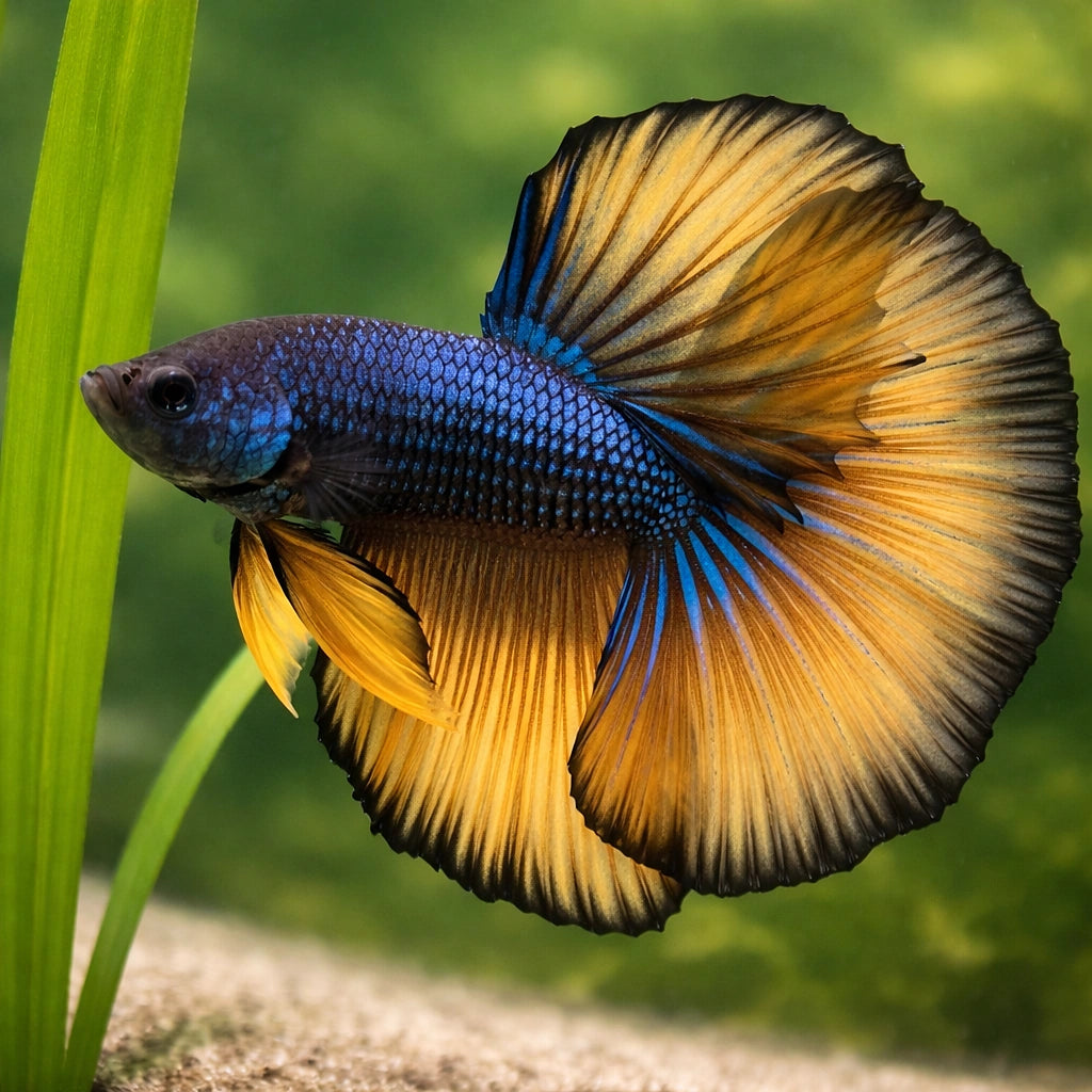 Betta spl. male SuperDelta mustard XL — tropical fish for sale UK — AI scale plant view