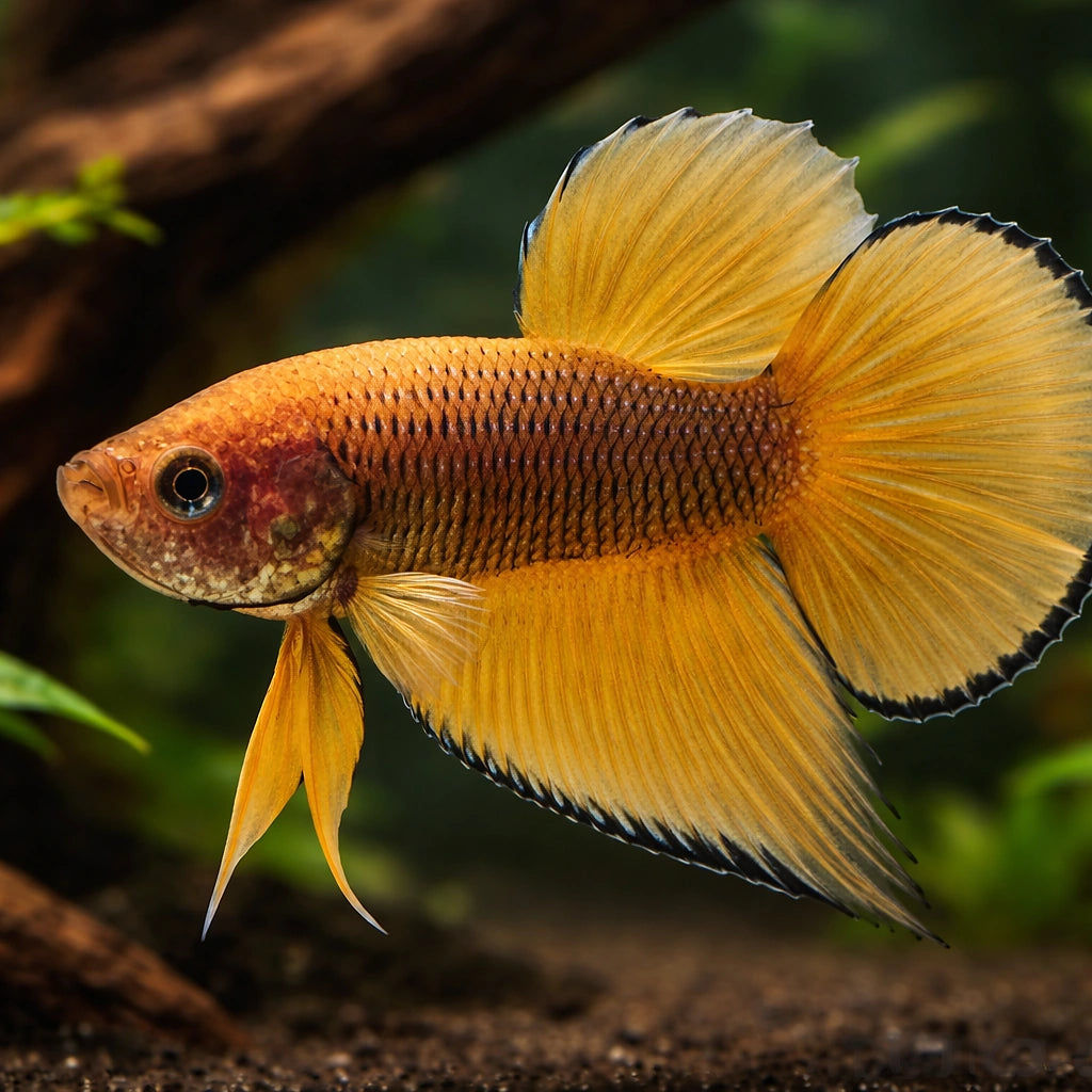 Betta spl. male Wild Benjarong yellow L — tropical fish for sale UK — AI hero driftwood view
