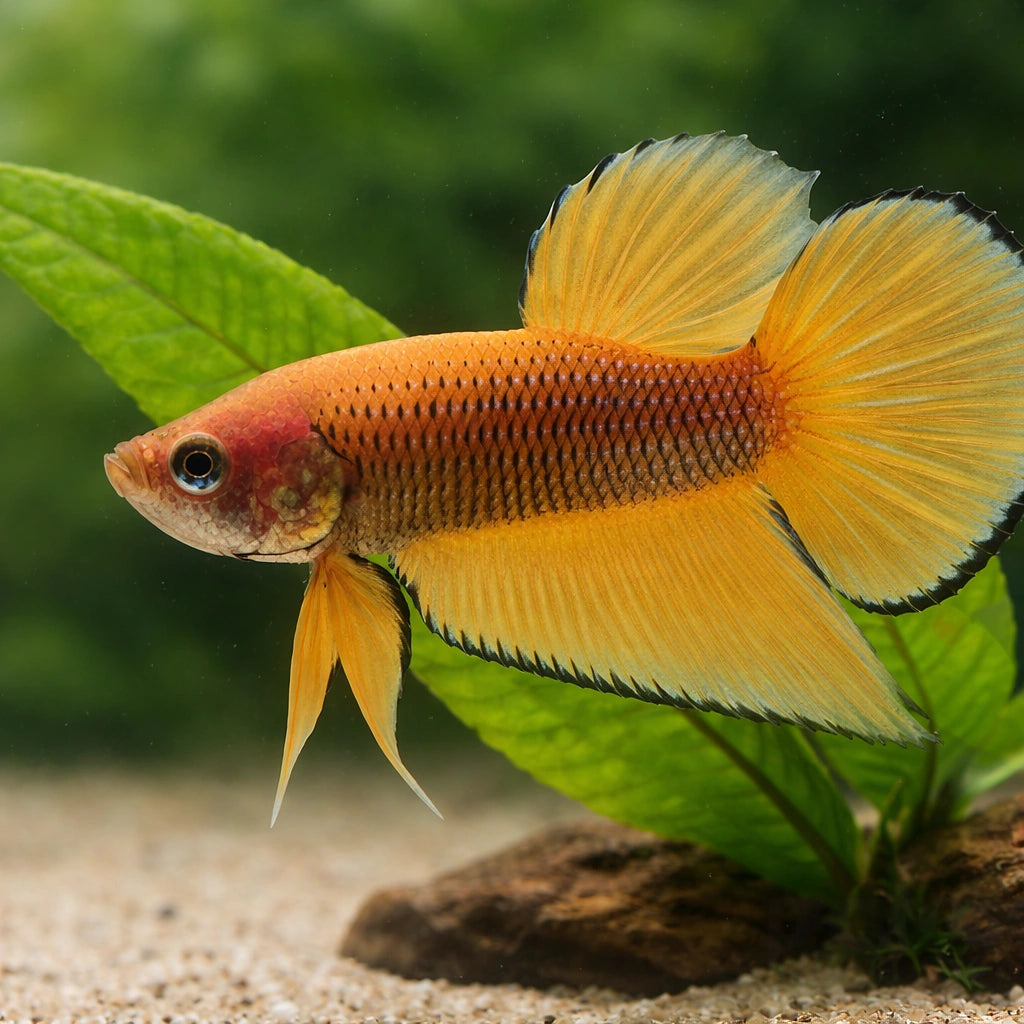 Betta spl. male Wild Benjarong yellow L — tropical fish for sale UK — AI scale plant view