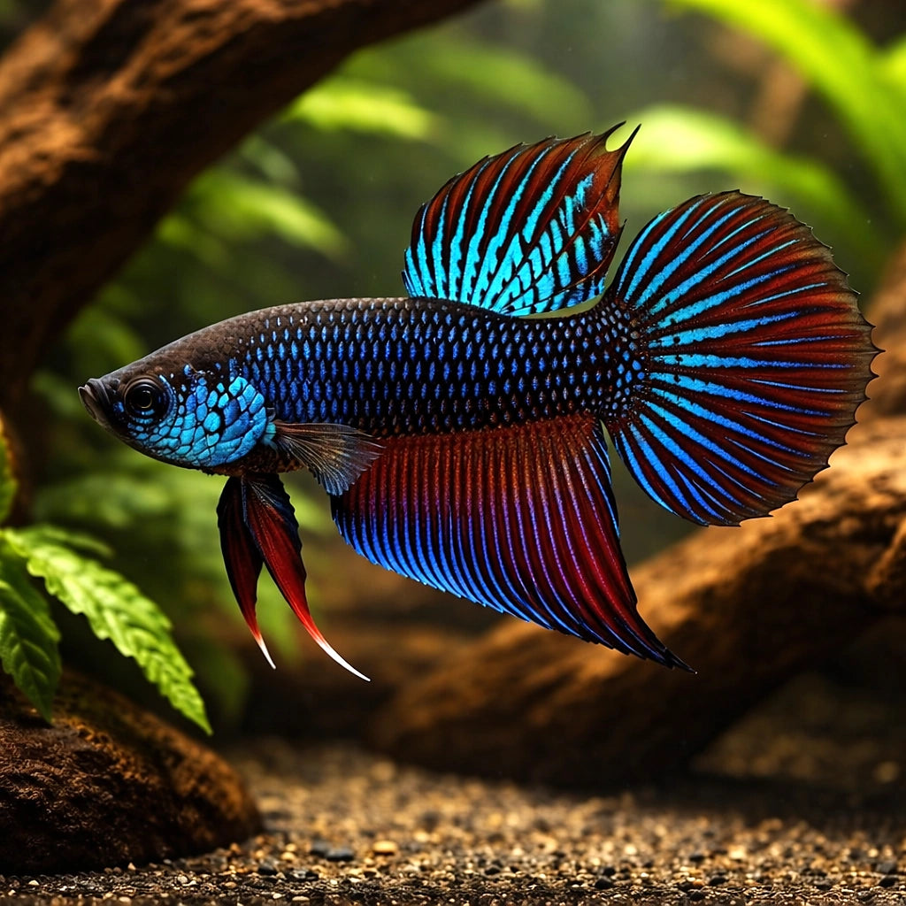 Betta spl. male Wild Buriram blue L — tropical fish for sale UK — AI hero driftwood view