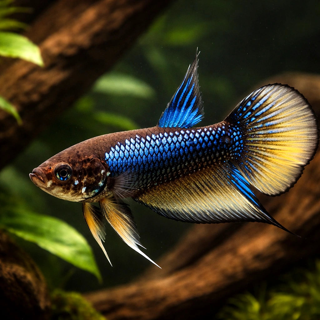 Betta spl. male Wild Imbellis yellow tail L — tropical fish for sale UK — AI hero driftwood view