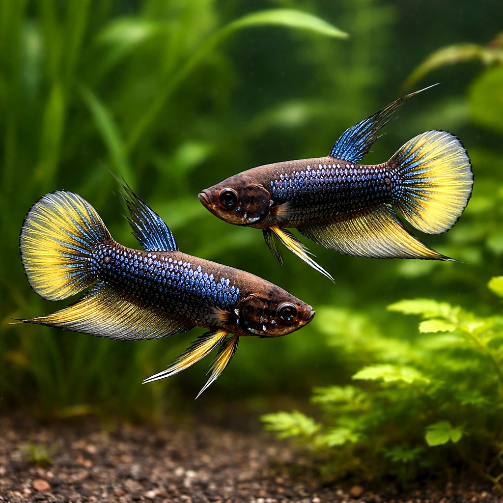 Betta spl. male Wild Imbellis yellow tail L — tropical fish for sale UK — AI pair planted view