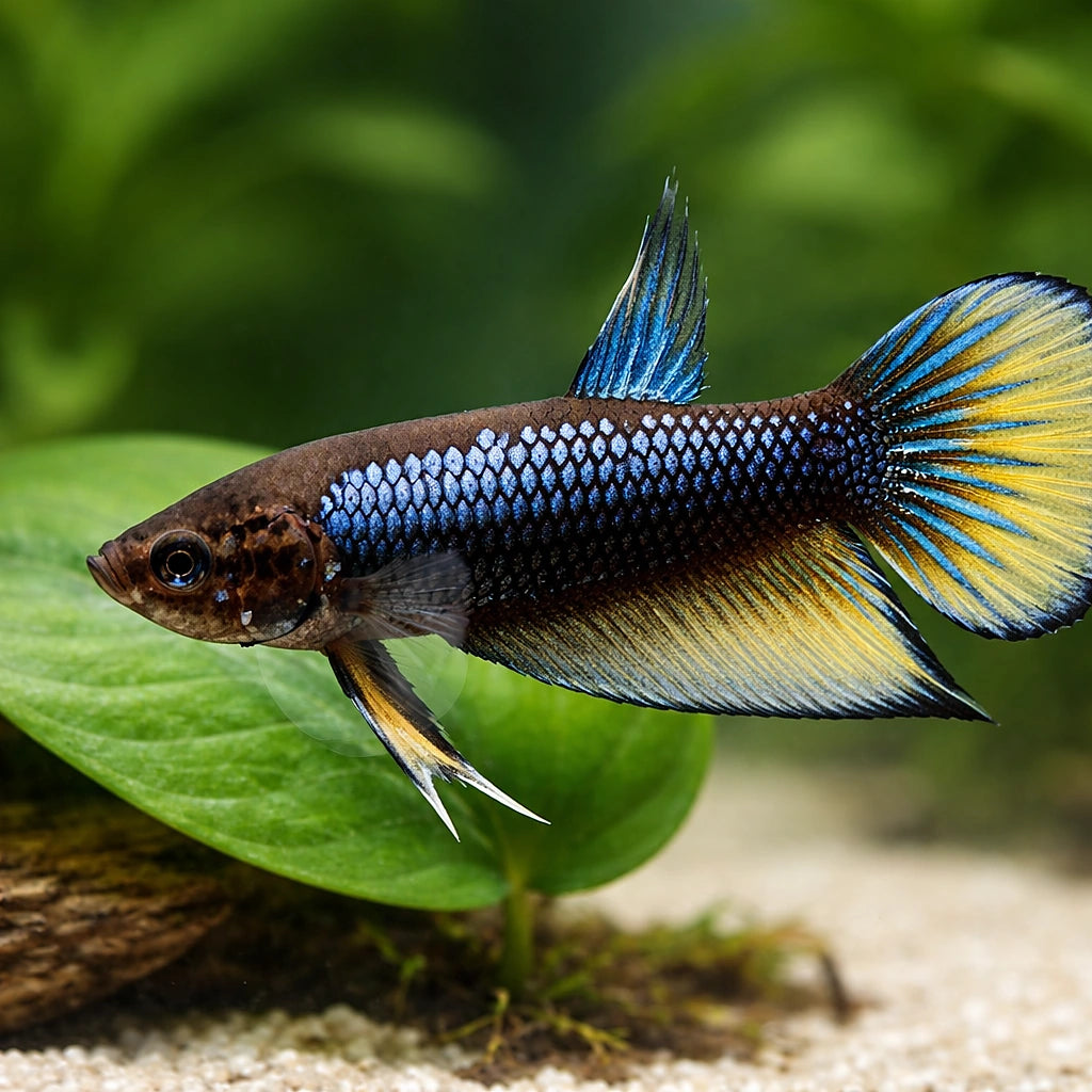Betta spl. male Wild Imbellis yellow tail L — tropical fish for sale UK — AI scale plant view