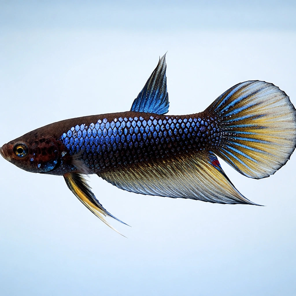 Betta spl. male Wild Imbellis yellow tail L — tropical fish for sale UK — AI side clean view