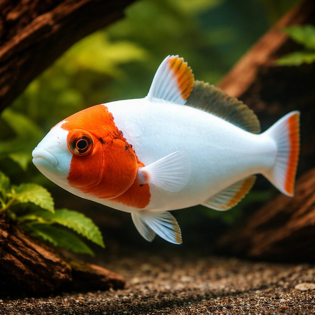 Bicolour Parrotfish M — tropical fish for sale UK — AI hero driftwood view