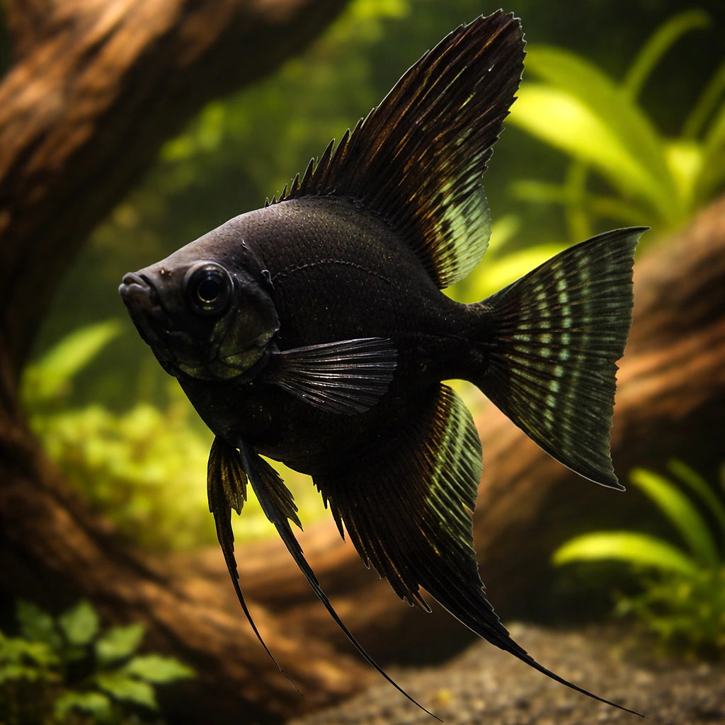 Black Angelfish - Pterophyllum scalare — AI hero driftwood view