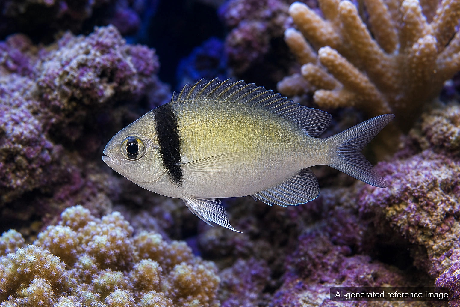 Black-bar Chromis Chromis retrofasciata with pale body and dark vertical bar - AI-generated reference image