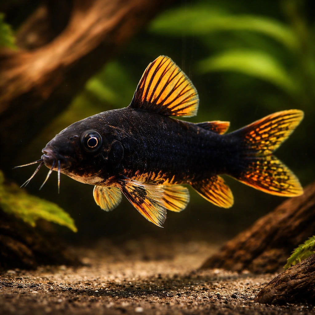 Black Corydoras — tropical fish for sale UK — AI hero driftwood view
