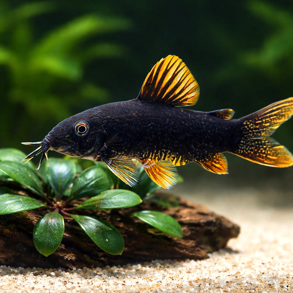 Black Corydoras — tropical fish for sale UK — AI scale plant view