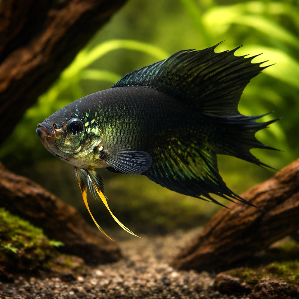 Black Paradise Fish — tropical fish for sale UK — AI hero driftwood view