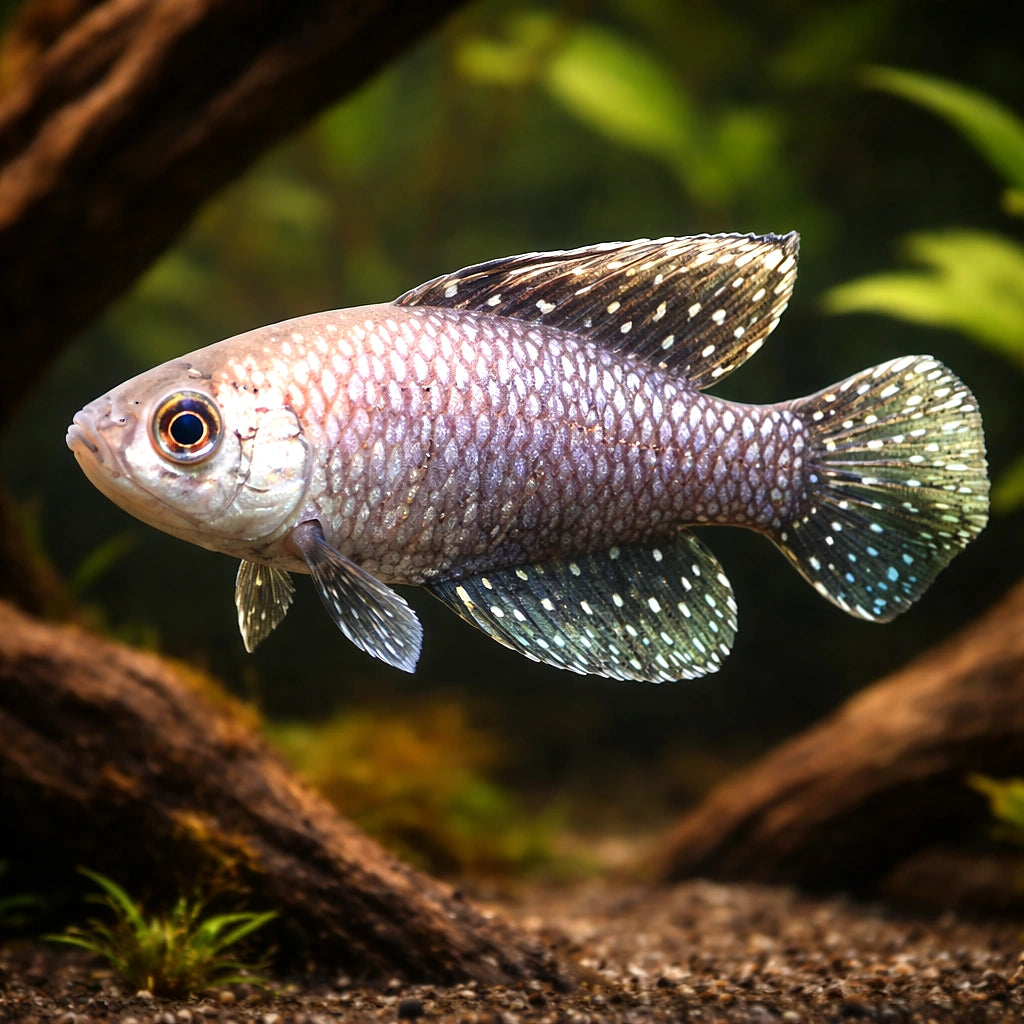 Black Pearlfish — tropical fish for sale UK — AI hero driftwood view