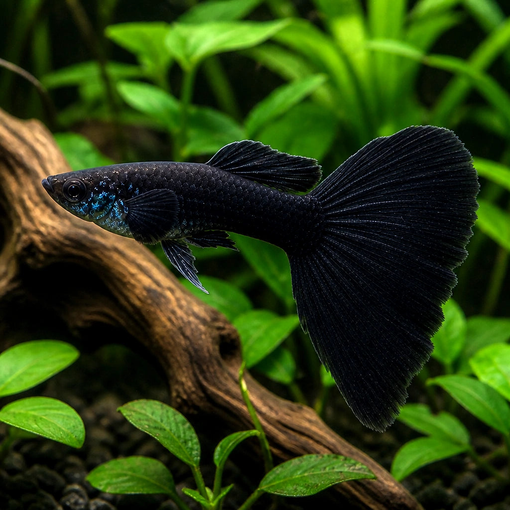 Black Phantom Male Guppy — tropical fish for sale UK — AI natural aquarium view