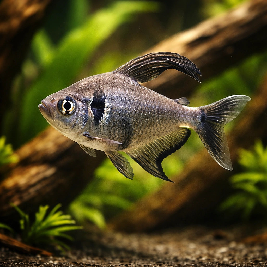 Black Phantom — South American Tetra for sale UK — AI hero driftwood view