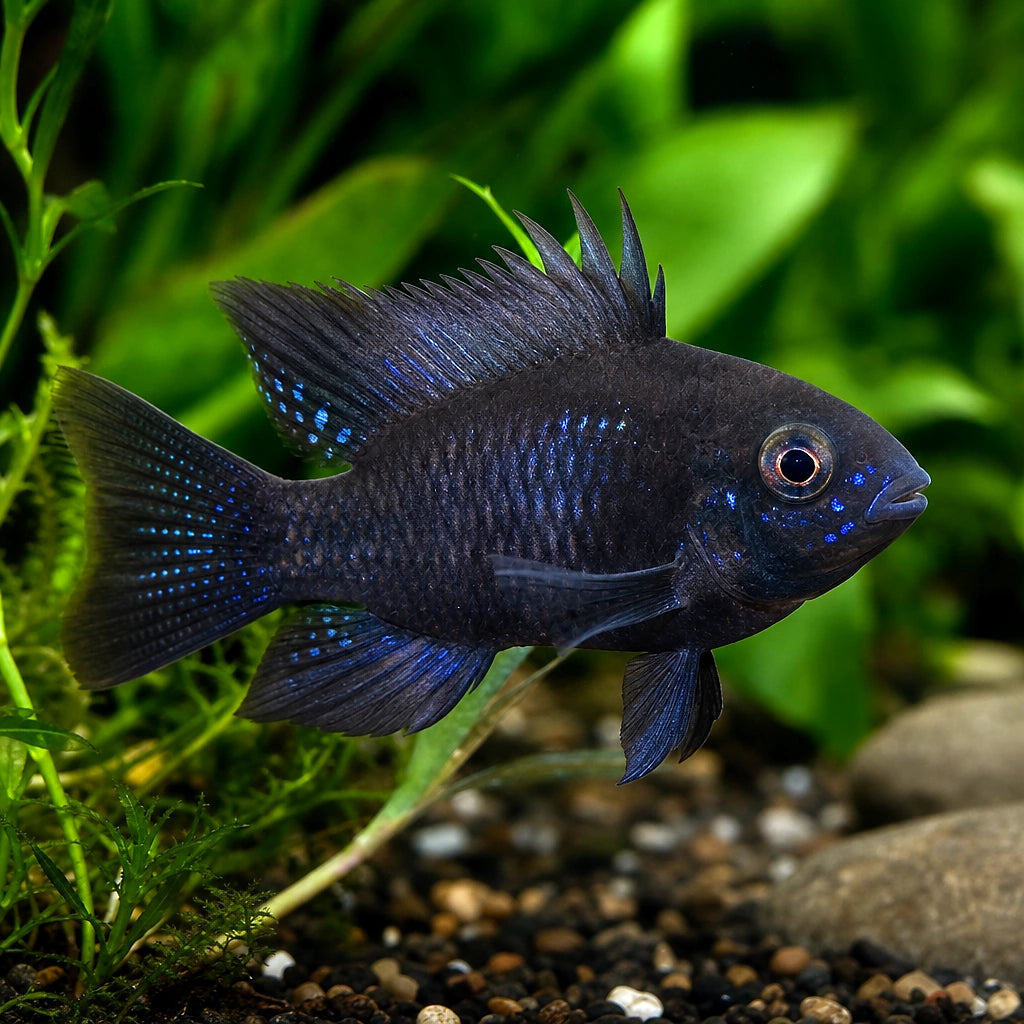 Black Ram Dwarf Cichlid (Mikrogeophagus ramirezi) — AI natural aquarium view