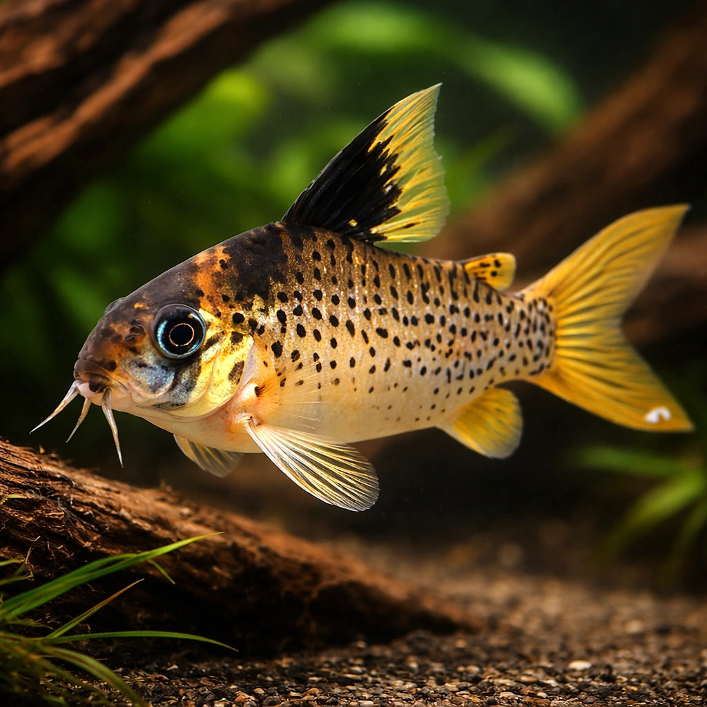 Black Sail Cory, Black-Spot — tropical fish for sale UK — AI hero driftwood view