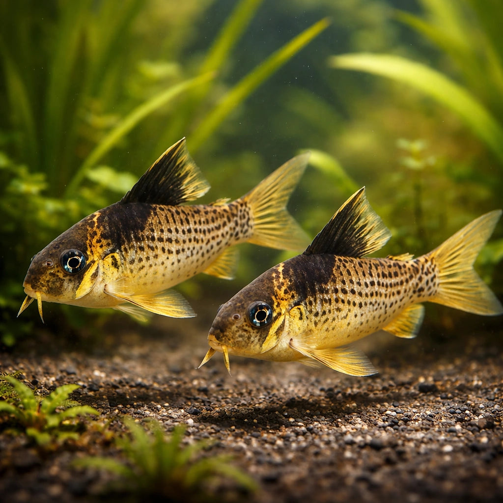 Black Sail Cory, Black-Spot — tropical fish for sale UK — AI pair planted view