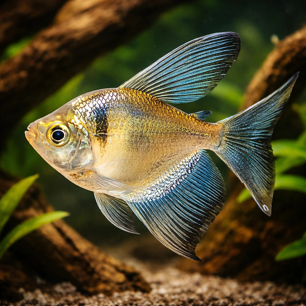 Black Widow long fin — tropical fish for sale UK — AI hero driftwood view