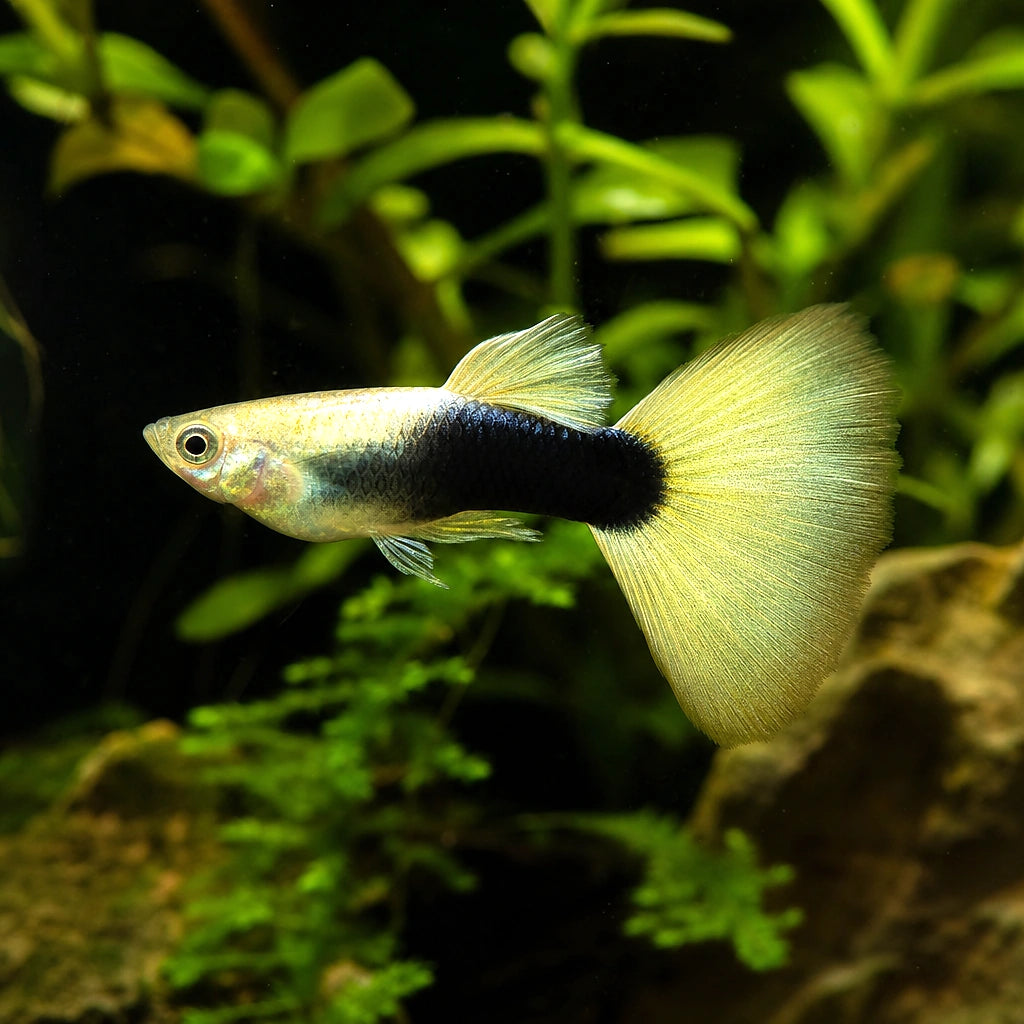 Blond Gold Tuxedo Guppy Male (Poecilia reticulata) — AI natural aquarium view