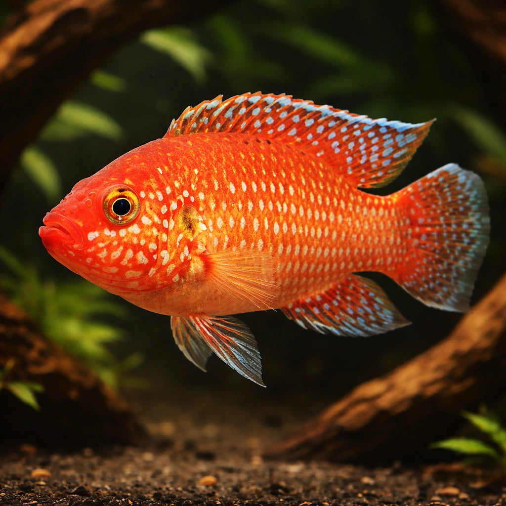 Blood-Red Jewel Cichlid, Li — tropical fish for sale UK — AI hero driftwood view