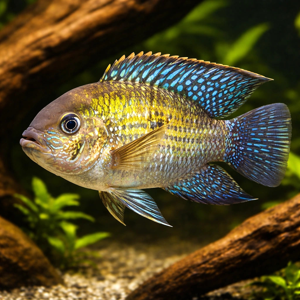 Blue Acara — tropical fish for sale UK — AI hero driftwood view