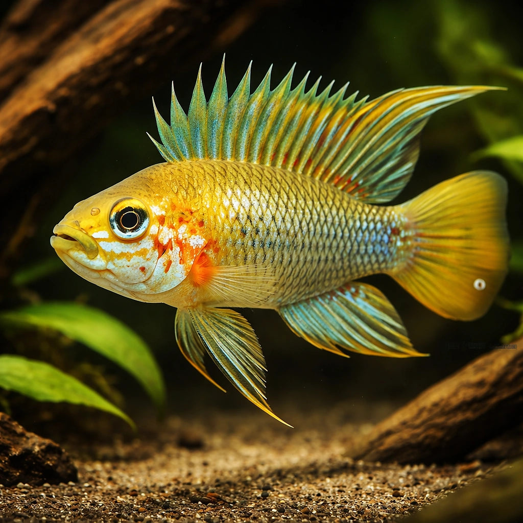 Blue Cheek Dwarf Cichlid — tropical fish for sale UK — AI hero driftwood view