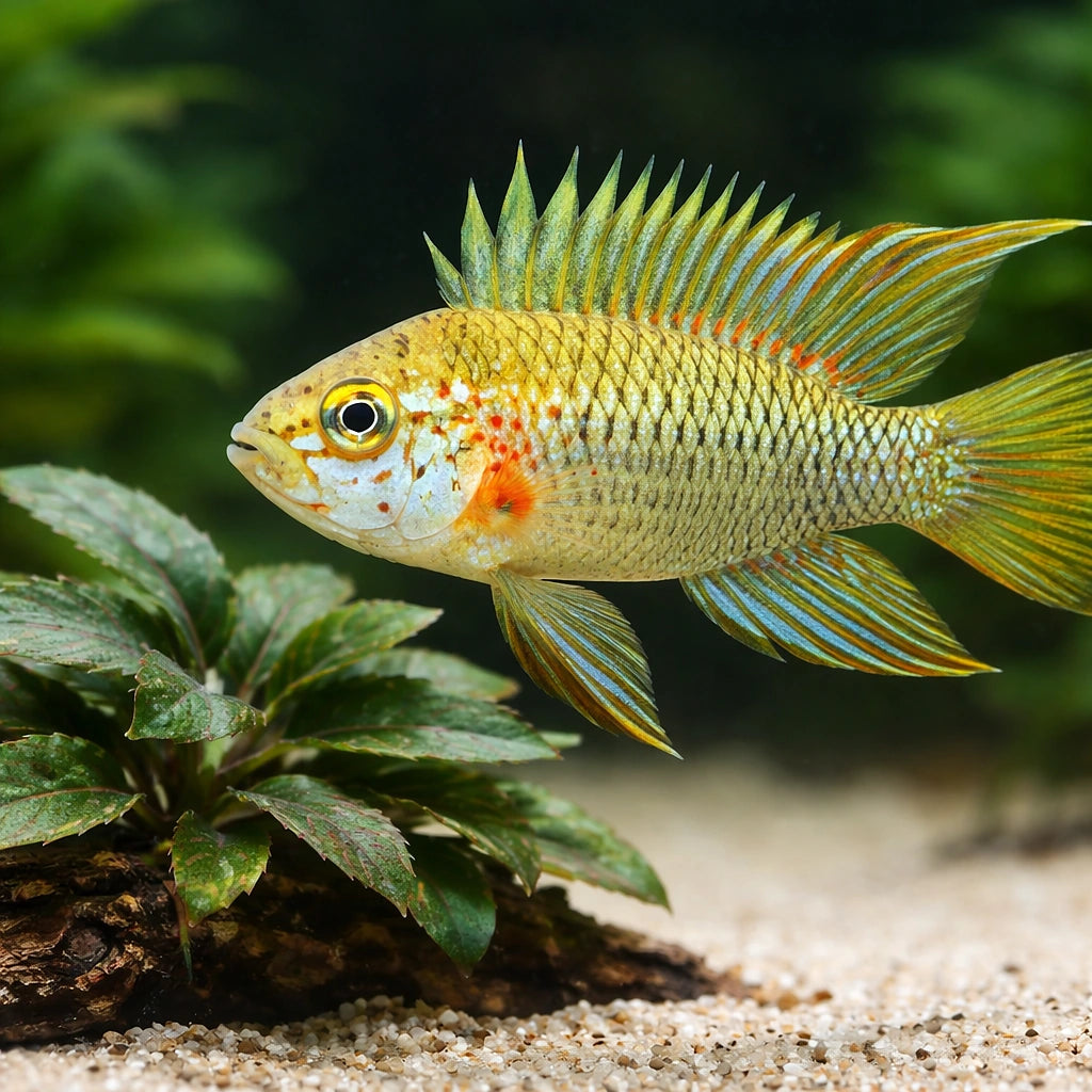 Blue Cheek Dwarf Cichlid — tropical fish for sale UK — AI scale plant view