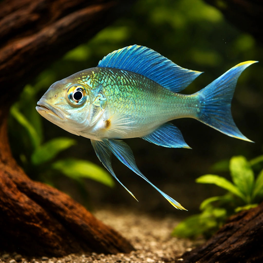 Blue Gold-Tip Cichlid green — tropical fish for sale UK — AI hero driftwood view