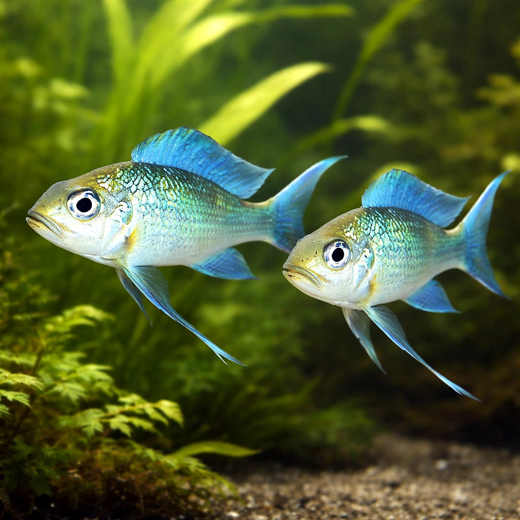 Blue Gold-Tip Cichlid green — tropical fish for sale UK — AI pair planted view