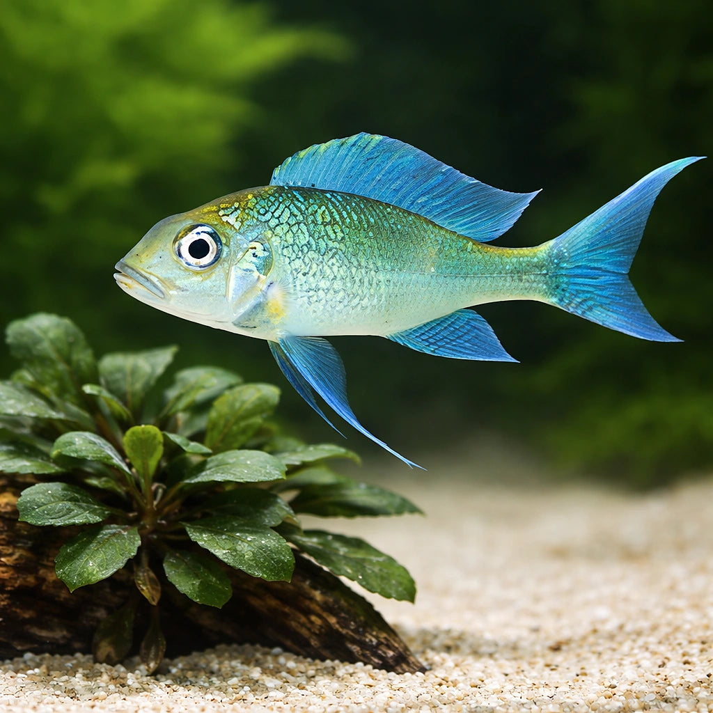 Blue Gold-Tip Cichlid green — tropical fish for sale UK — AI scale plant view