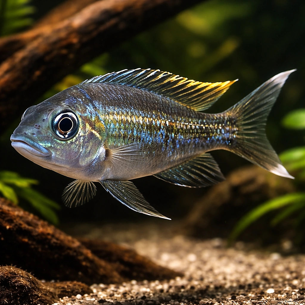 Blue Gold-Tip Cichlid — tropical fish for sale UK — AI hero driftwood view