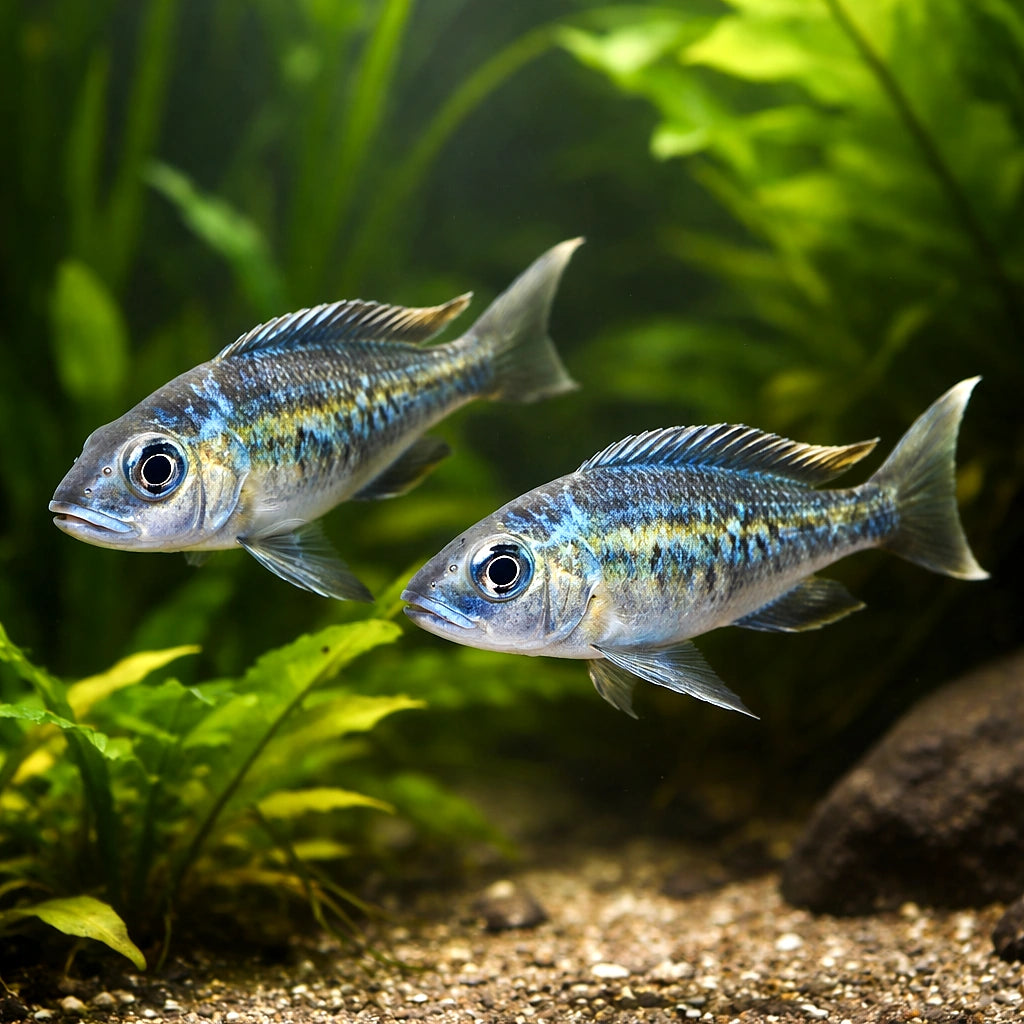 Blue Gold-Tip Cichlid — tropical fish for sale UK — AI pair planted view