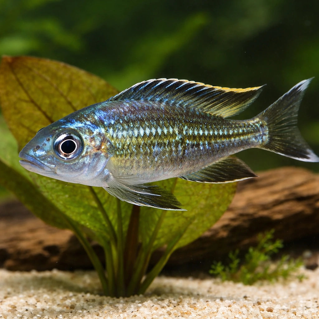 Blue Gold-Tip Cichlid — tropical fish for sale UK — AI scale plant view