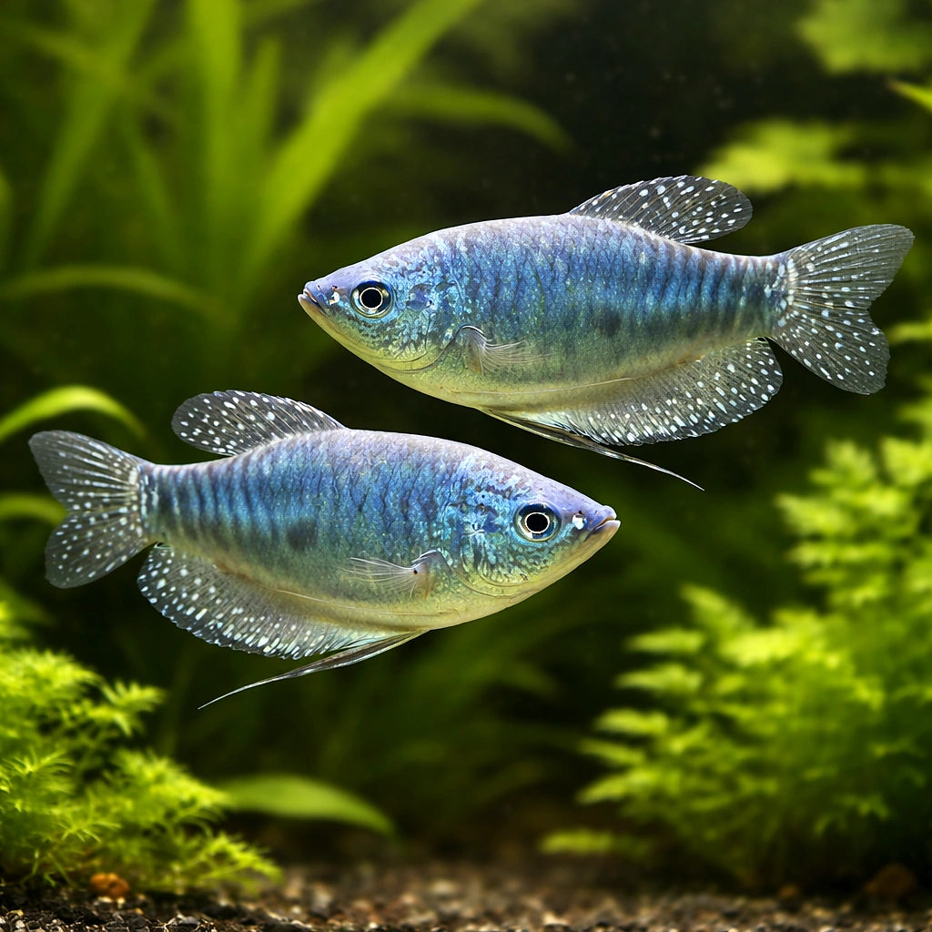 Blue Gourami — Gold Three-Spot Gourami (Trichopodus trichopterus) — AI pair planted view