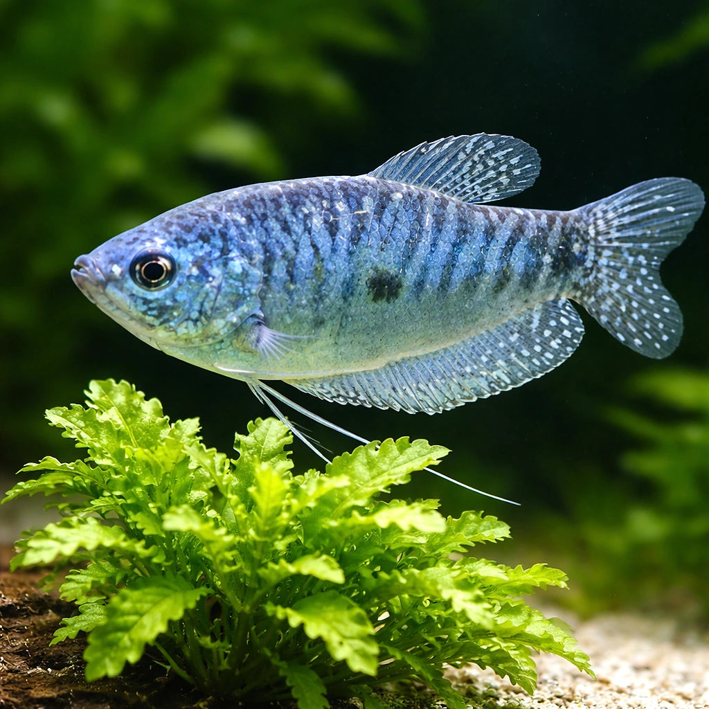 Blue Gourami — Gold Three-Spot Gourami (Trichopodus trichopterus) — AI scale plant view