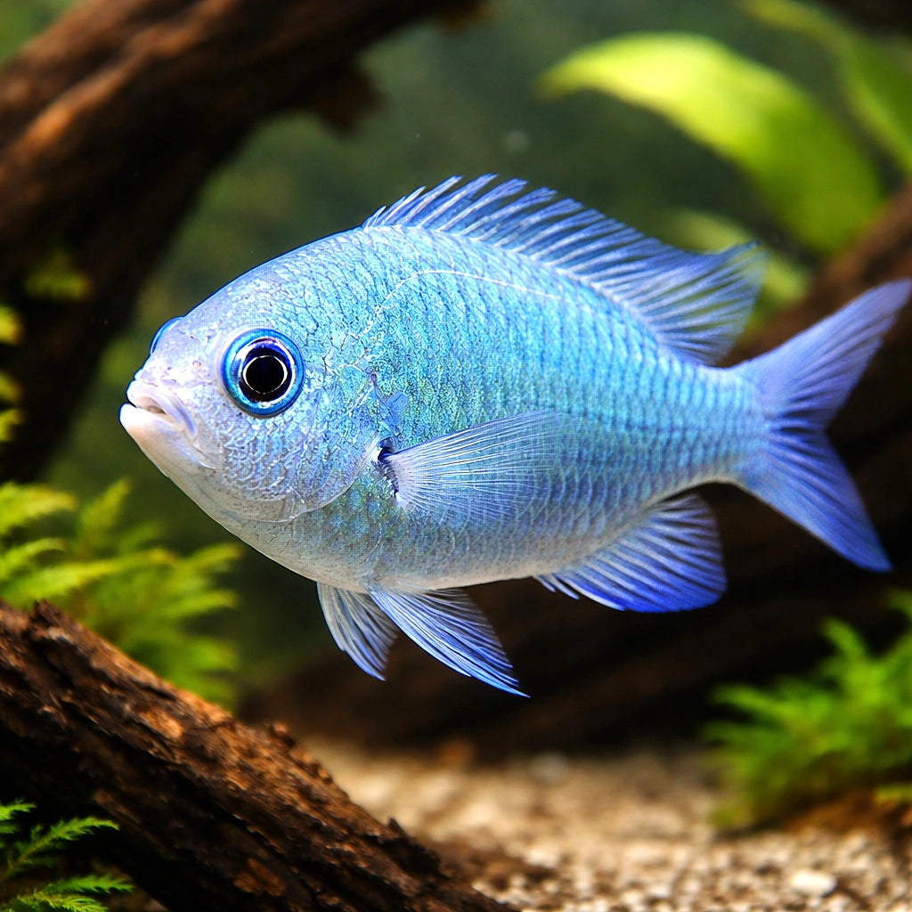 Blue Green Damsel 2. — tropical fish for sale UK — AI hero driftwood view