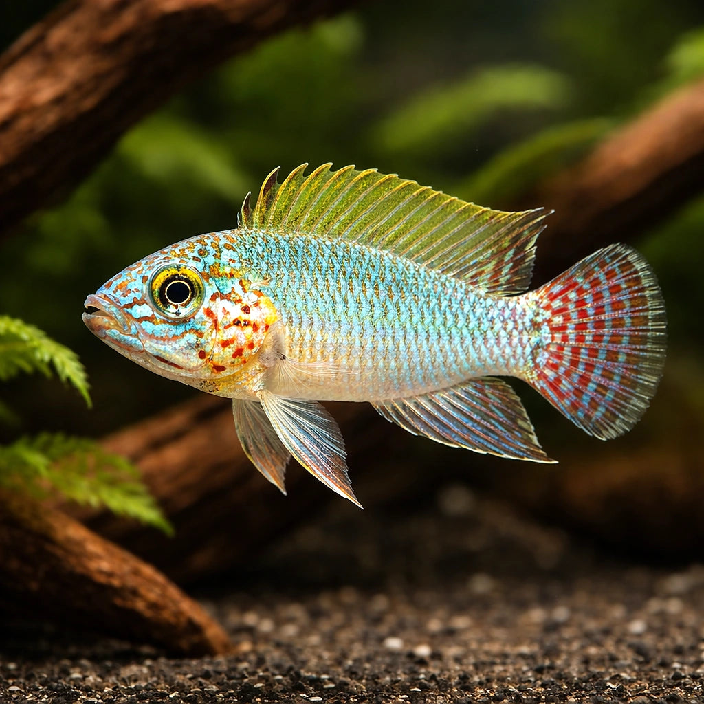 Blue Head Dwarf Cichlid — tropical fish for sale UK — AI hero driftwood view