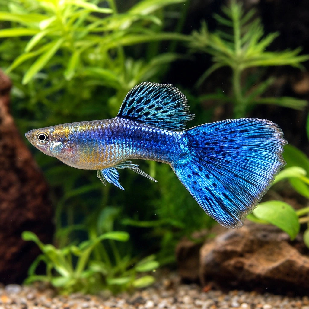 Blue Mix Guppy Male (Poecilia reticulata) — AI natural aquarium view