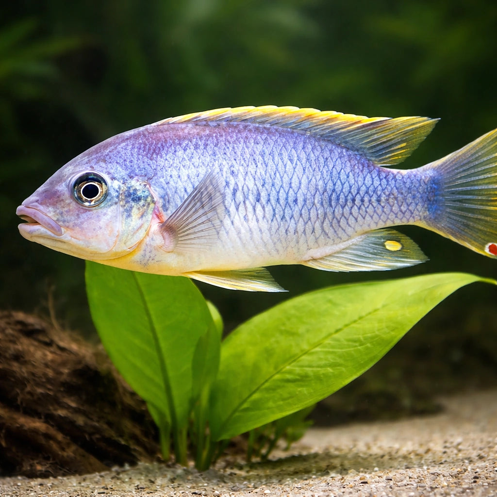Blue Petrotilapia, Lavender — tropical fish for sale UK — AI scale plant view