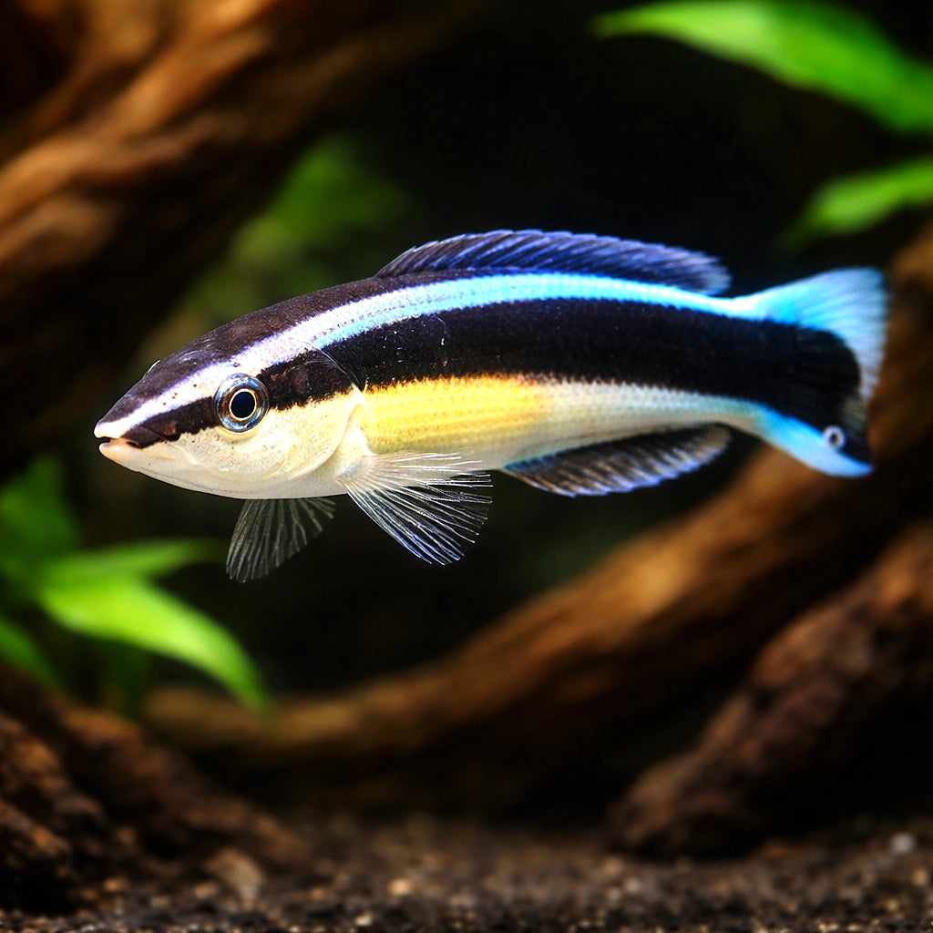 Bluestreak Cleaner Wrasse M — tropical fish for sale UK — AI hero driftwood view