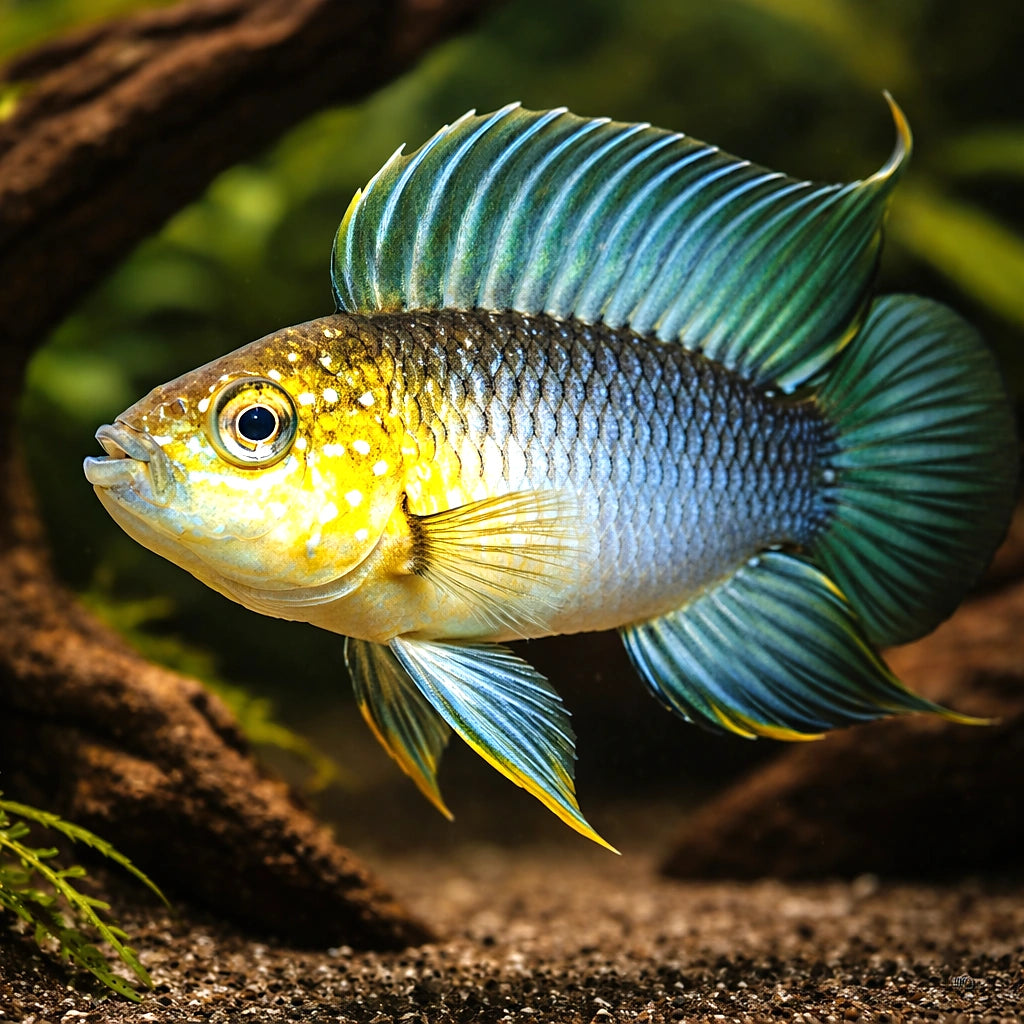 Borelli Dwarf Cichlid yellow head — tropical fish for sale UK — AI hero driftwood view
