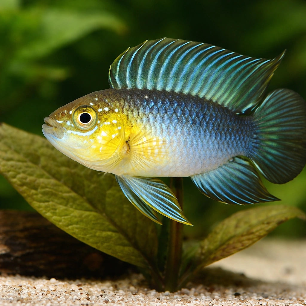 Borelli Dwarf Cichlid yellow head — tropical fish for sale UK — AI scale plant view